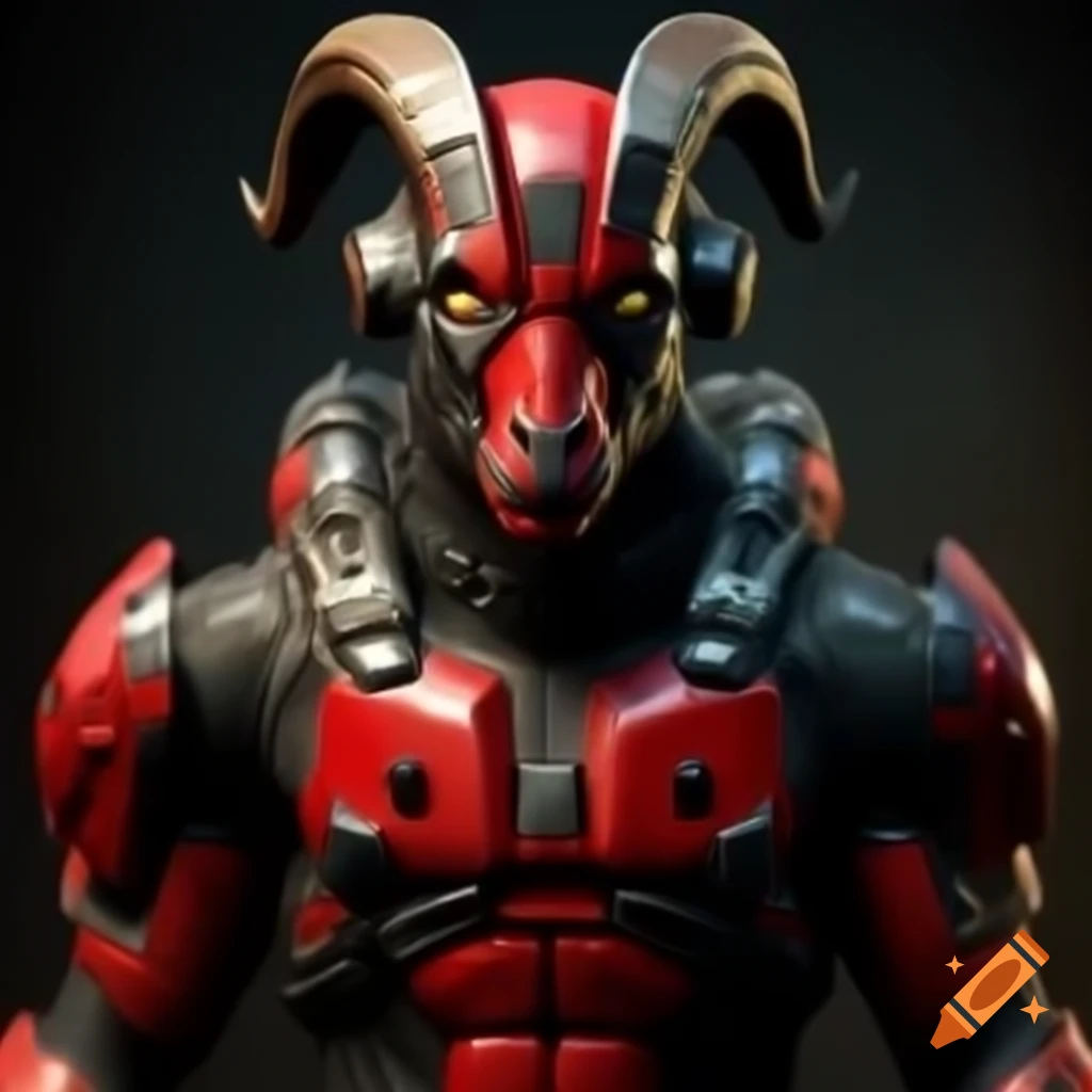 Anthropomorphic goat in HALO MJOLNIR armor with Deadpool colors and distinctive horns