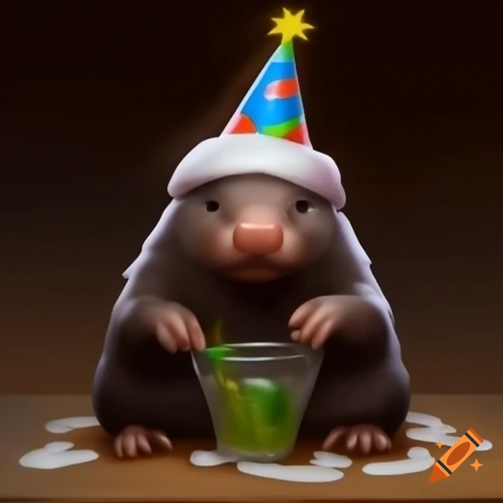 Mole in birthday hat stirring bubbling concoction in beaker