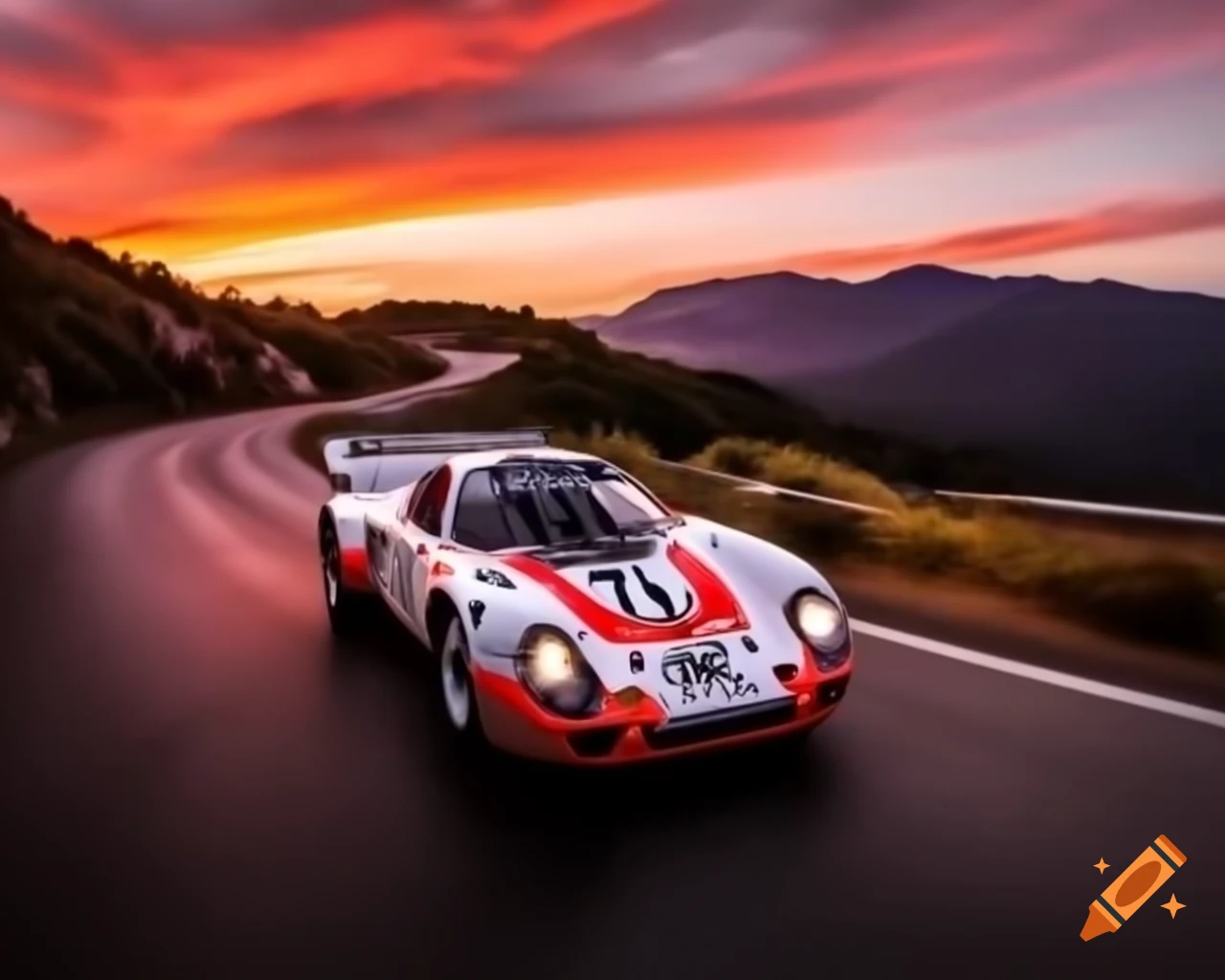 Porsche 917 drifting on winding road at Monte Carlo during red sundown, detailed painting