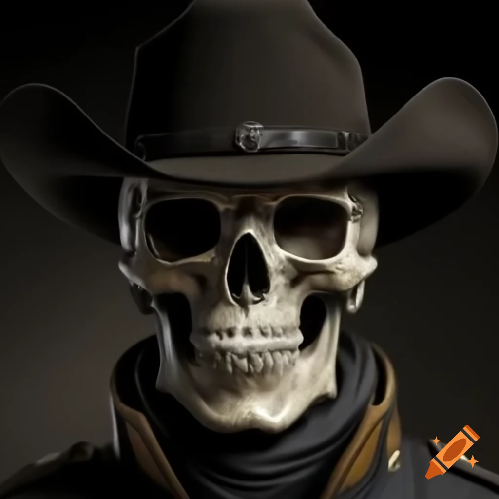 Skull wearing black cavalry soldier stetson hat