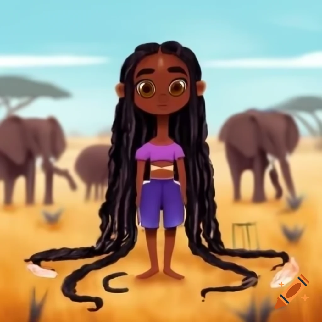 Black girl with long braids in purple crop top and black shorts in field of elephants
