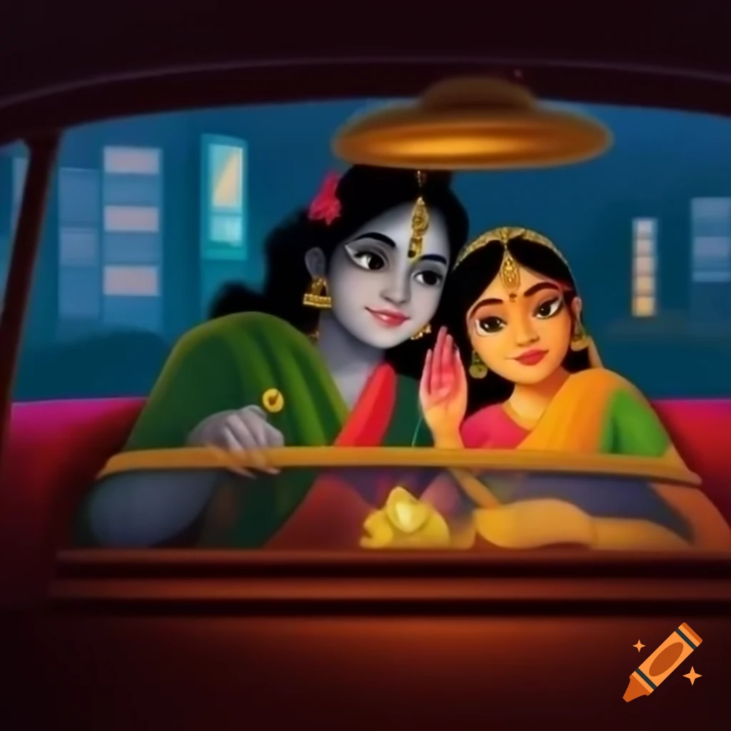 Radha Krishna traveling in a car amid city night lights