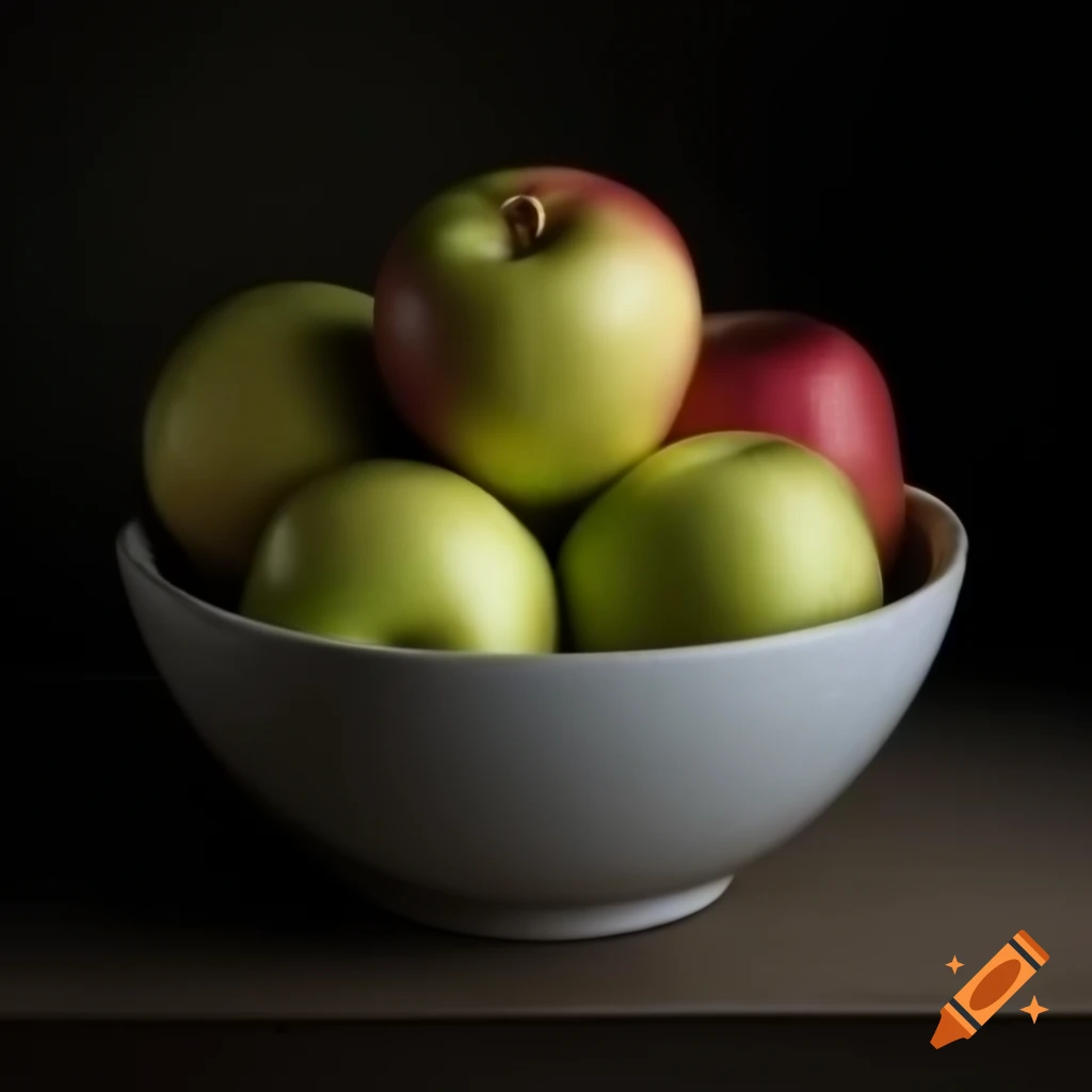 Highly detailed photo of a bowl of apples on dark background