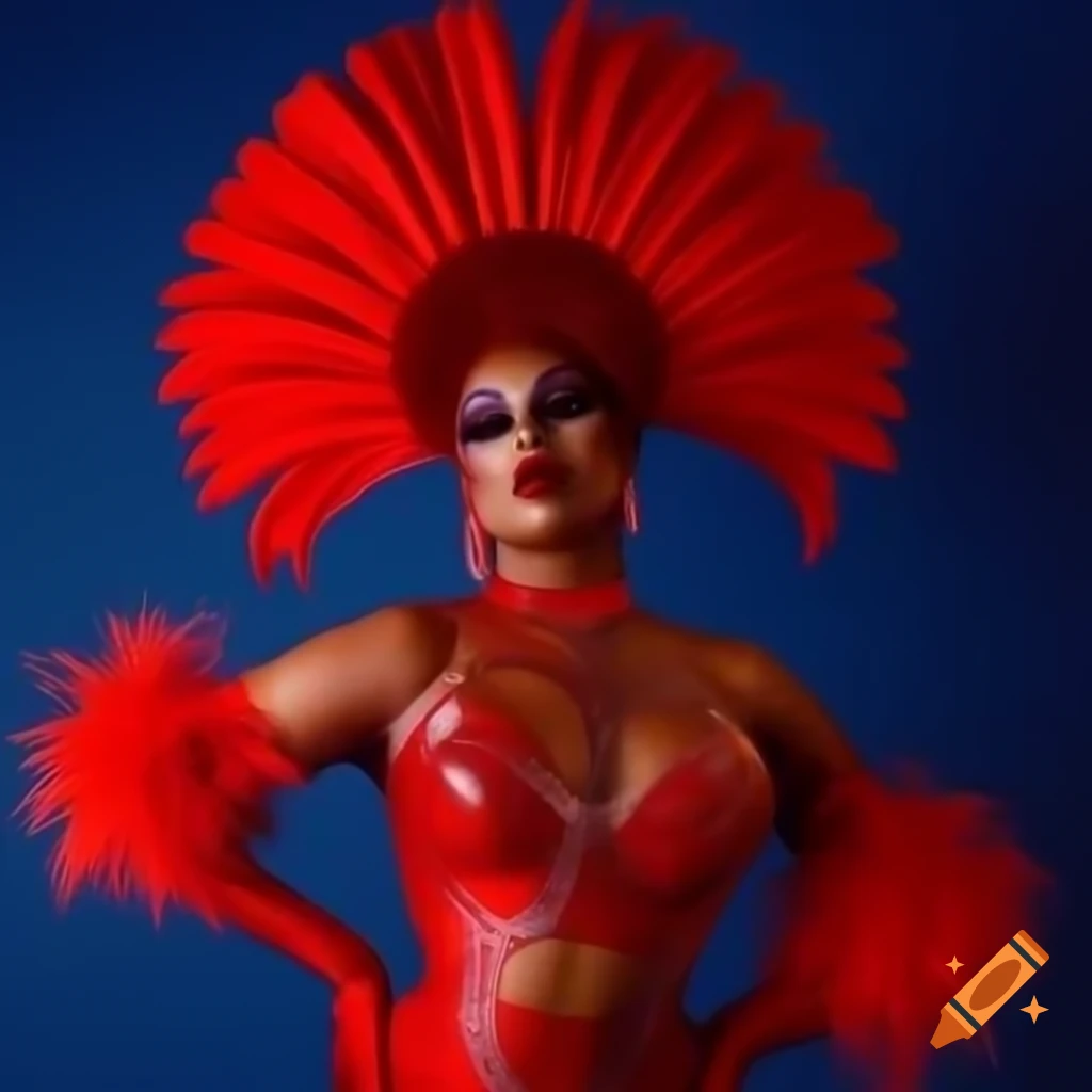 Monochromatic fiery red showgirl costume by drag queen Amber Ash with feathers and sequins