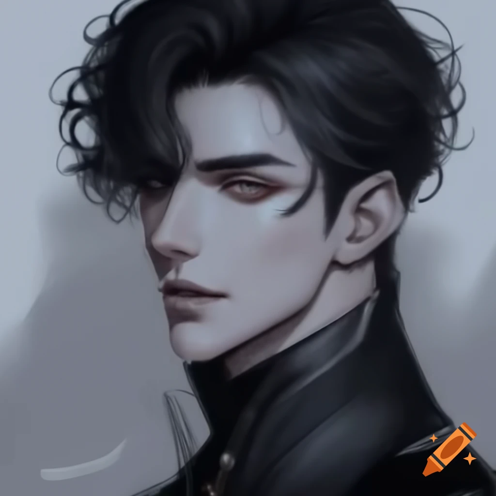Handsome male with dark wavy hair, fair skin, and grey eyes