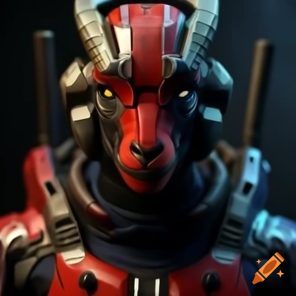 Anthropomorphic goat in HALO MJOLNIR armor with Deadpool colors and distinctive horns