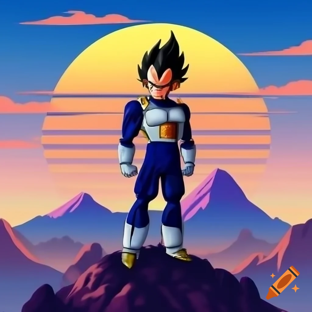 80's style rock album cover featuring Vegeta on mountain at sunset