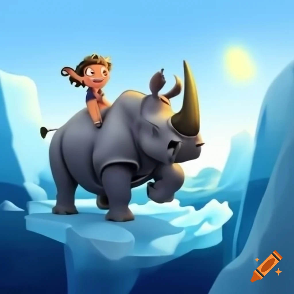 Rhinoceros floating on ice with character waving joyfully on craiyon