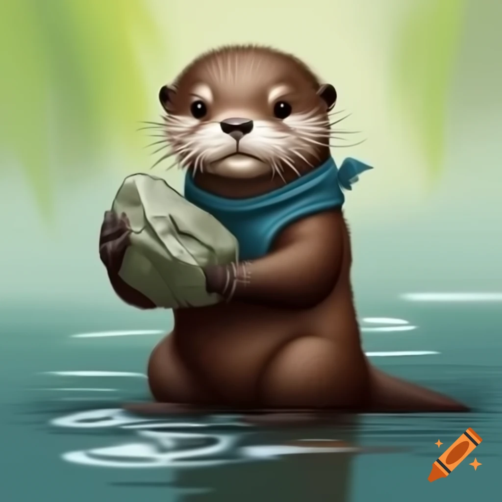 Otter holding rock in river, semi-realistic drawing
