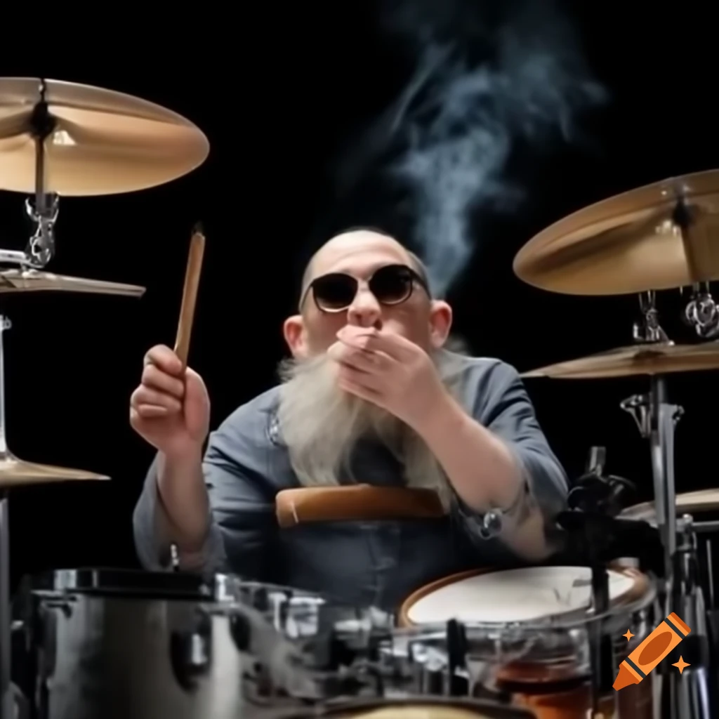 Dwarf playing drums passionately, wearing sunglasses and smoking cigar
