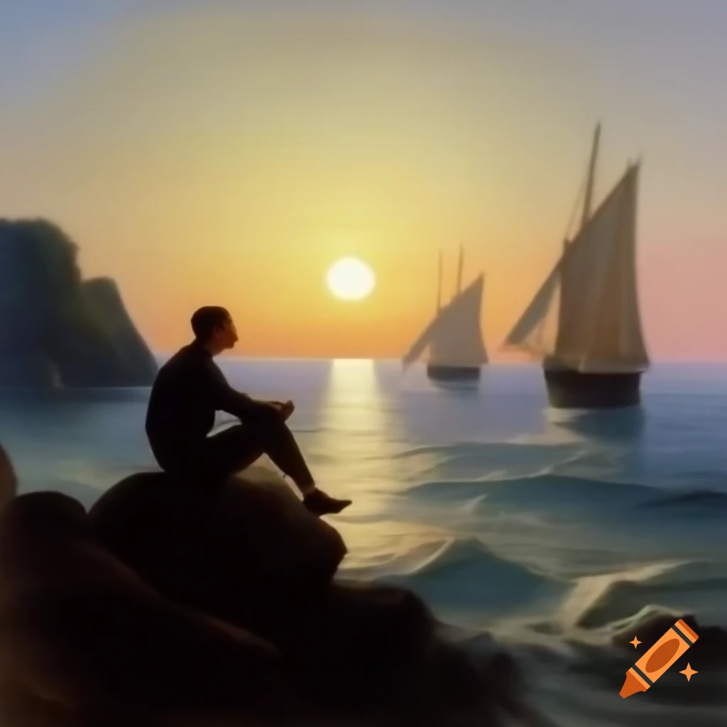 Man sitting on rock overlooking sea with boats and cliff in background