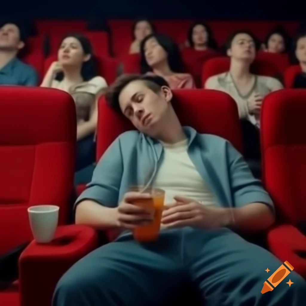Man asleep in movie theater holding a drink