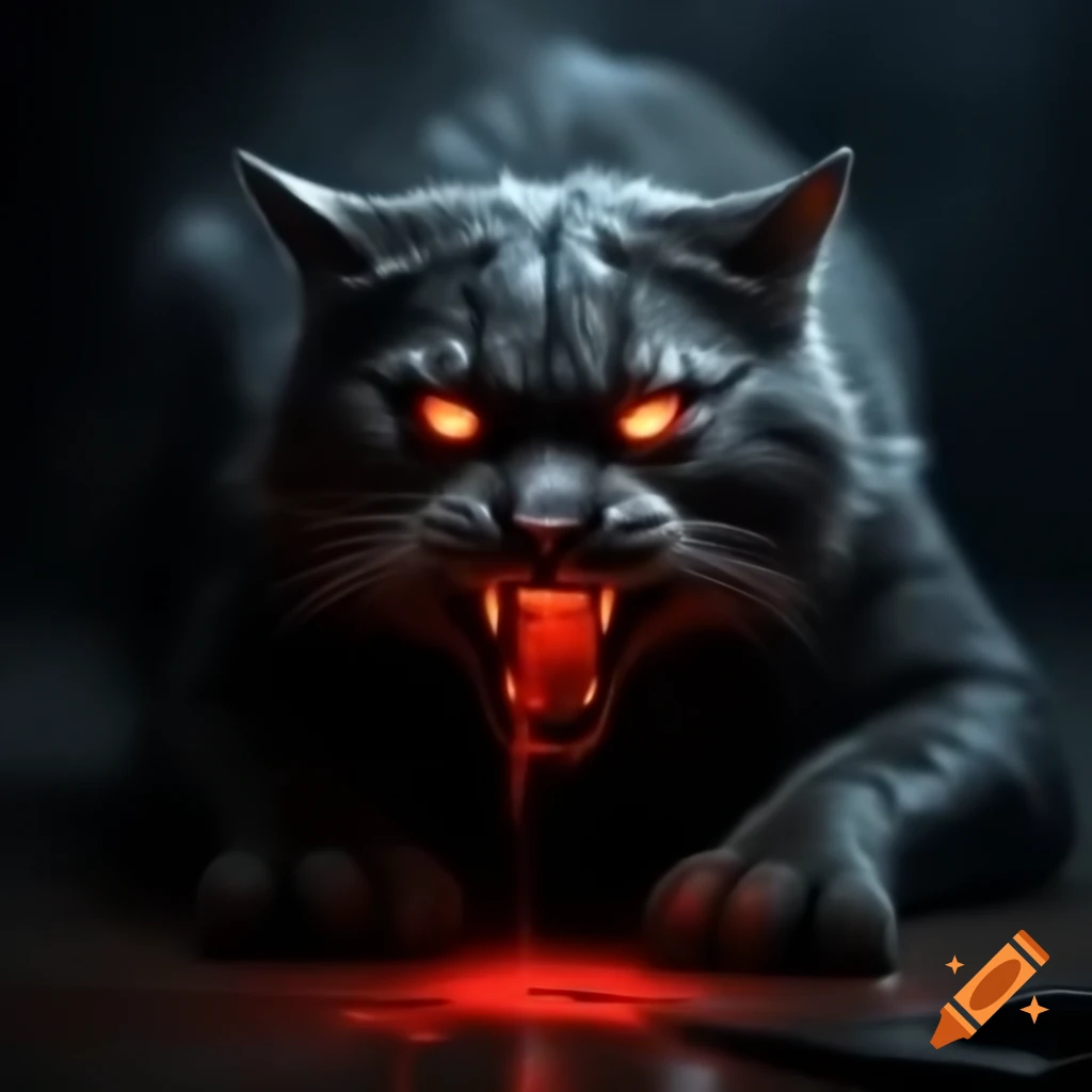 Sinister shadowy feline figure with incandescent red fur crawling into view