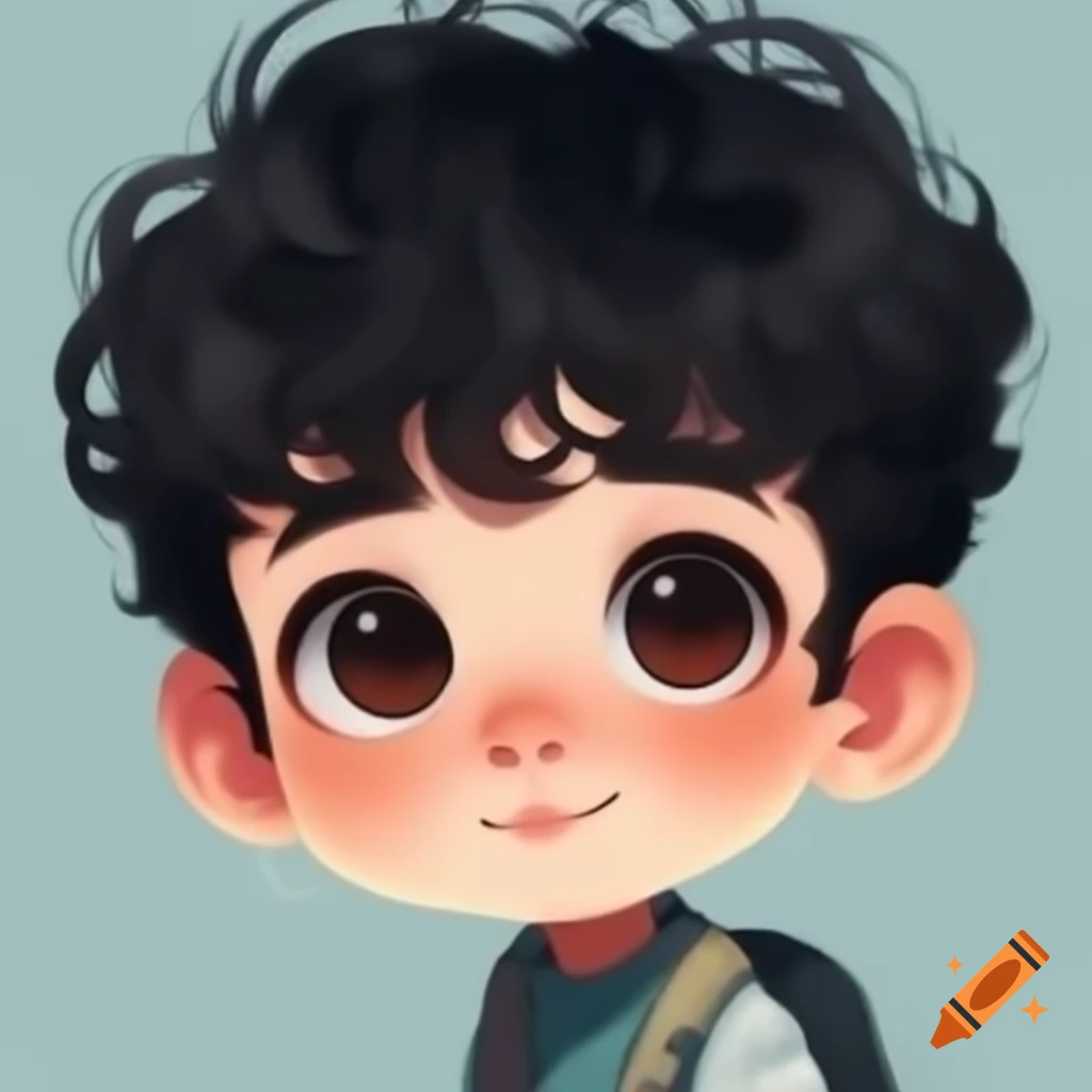 Cute chibi boy with bouncy black curly hair