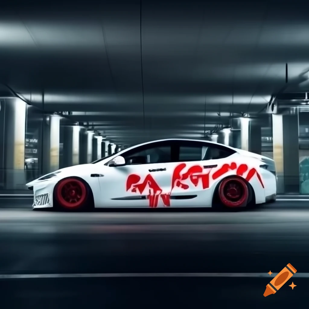 Customized white Tesla Model Y with red decals in underground parking lot