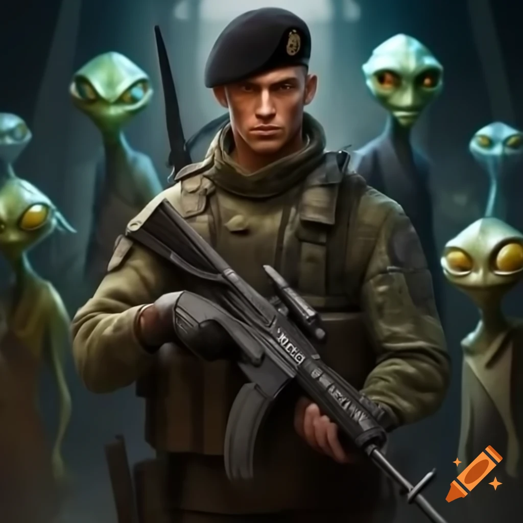 Soldier confronting aliens in a sci-fi setting