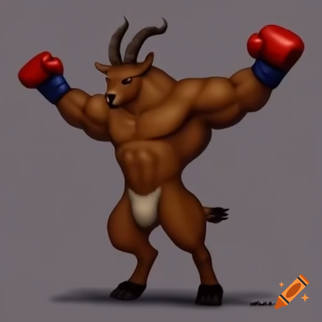 Anthropomorphic goat celebrating victory after boxing match