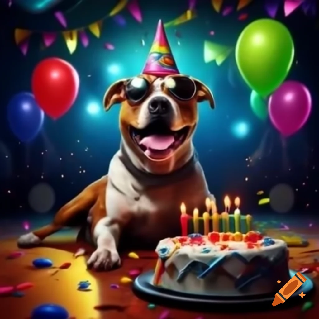 Smiling Pit Bull dog on a music tour stage with party hat and sunglasses