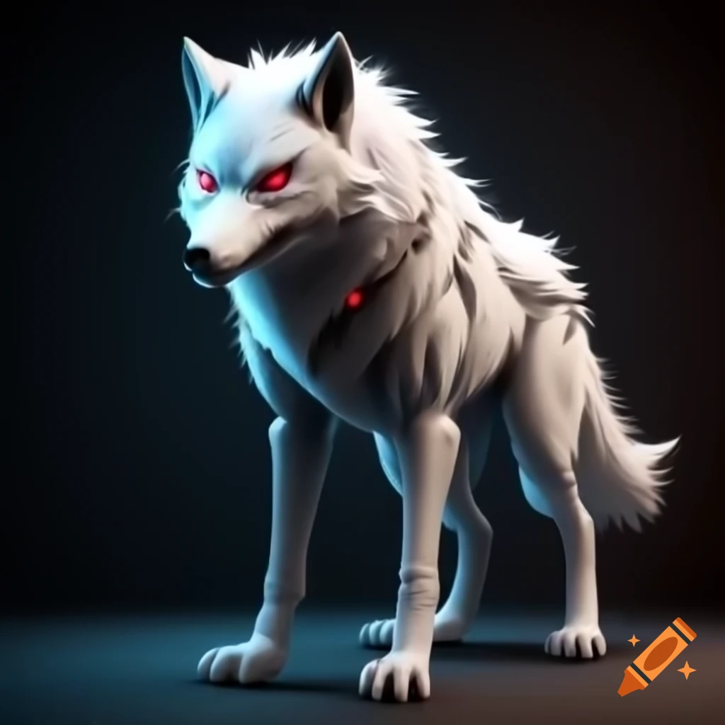 Armored white cyberpunk wolf with red eyes in standing position