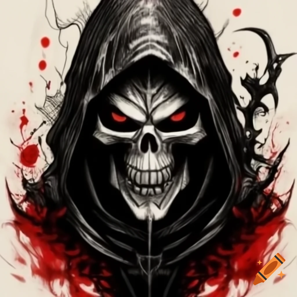Evil reaper fantasy portrait in pen and ink with black and red stipple drawing