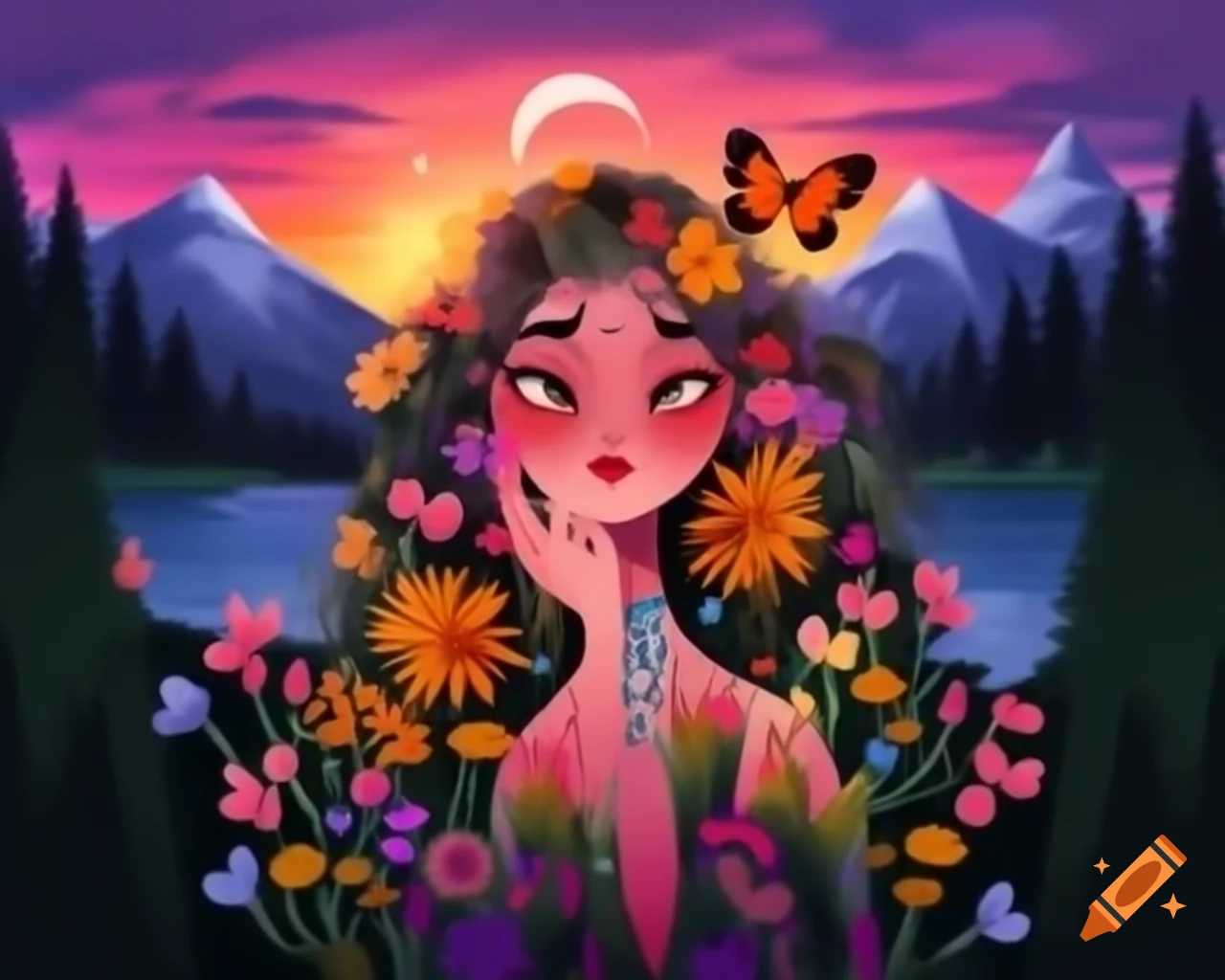 Enchanting colorful-haired woman with wildflowers and butterflies in vibrant costume at sunset