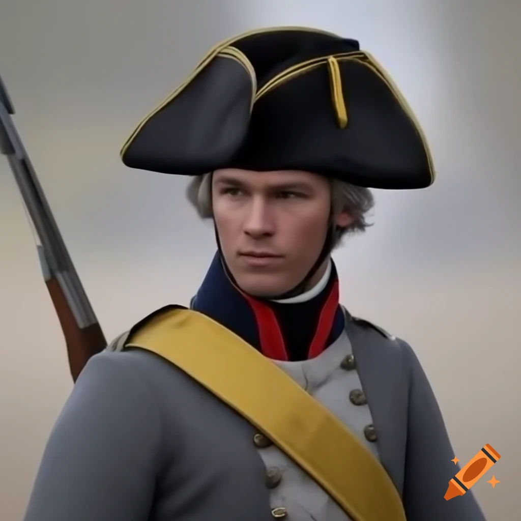 18th-century infantry soldier in tricorne hat and gray coat, holding a rifle