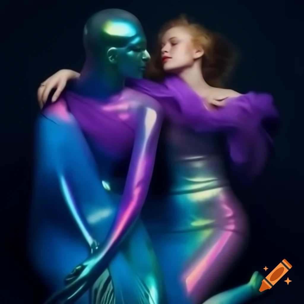 Psychedelic couple with iridescent glass statue in vibrant 2000's photography style