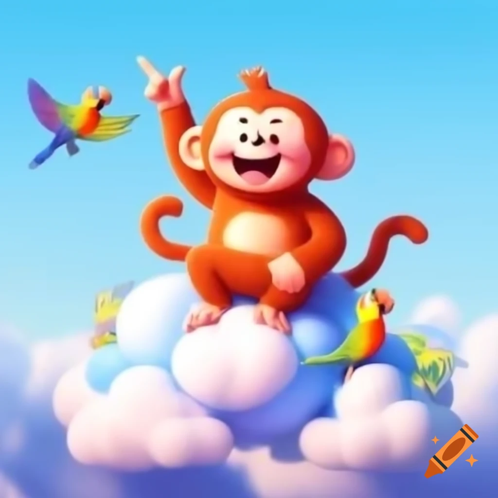 Laughing monkey on cloud pointing at dancing colorful parrot