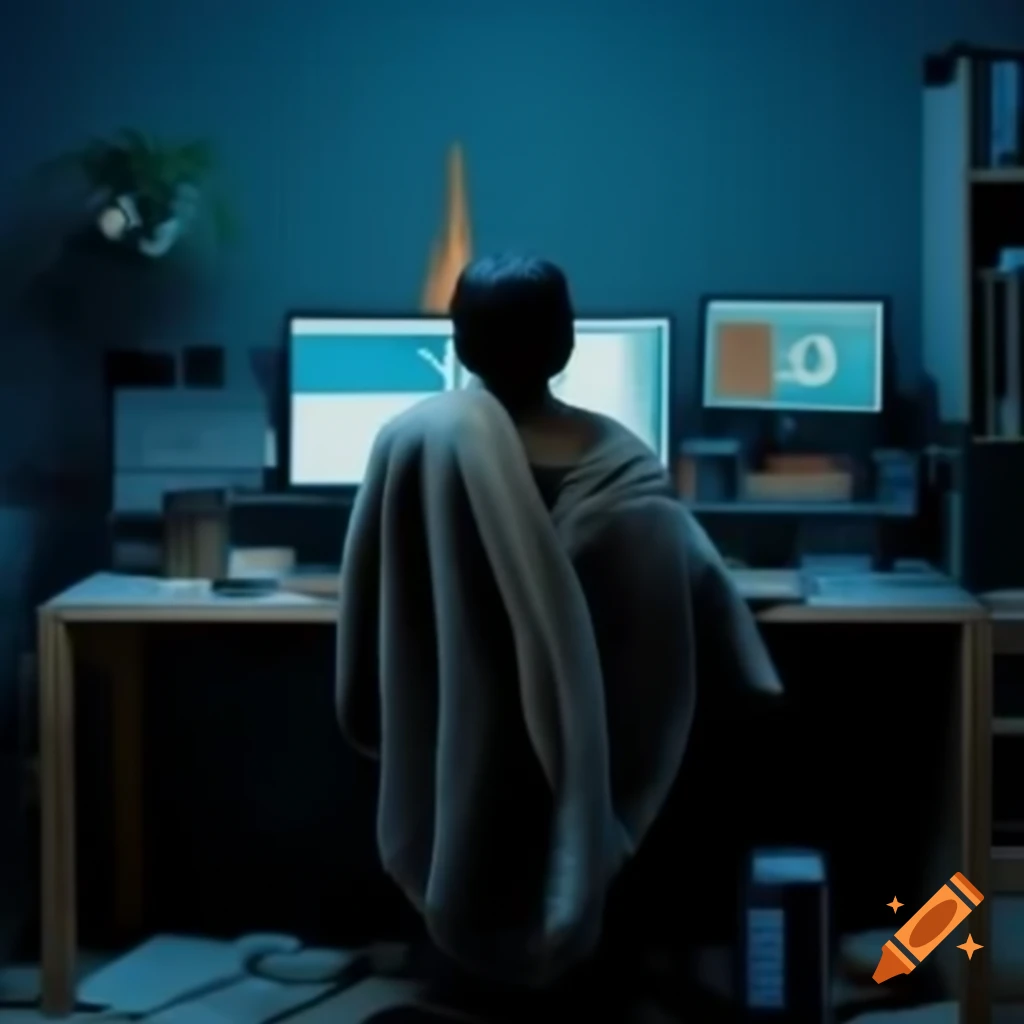 Person working at computer desk wrapped in blanket