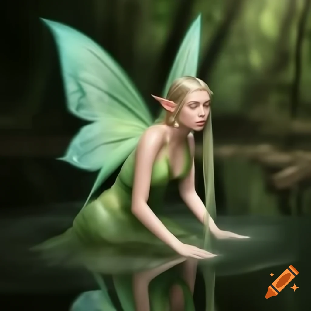Elf princess with fairy wings in green robes by forest pond