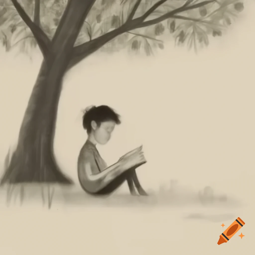 Boy on bicycle observing girl reading under tree in pencil sketch