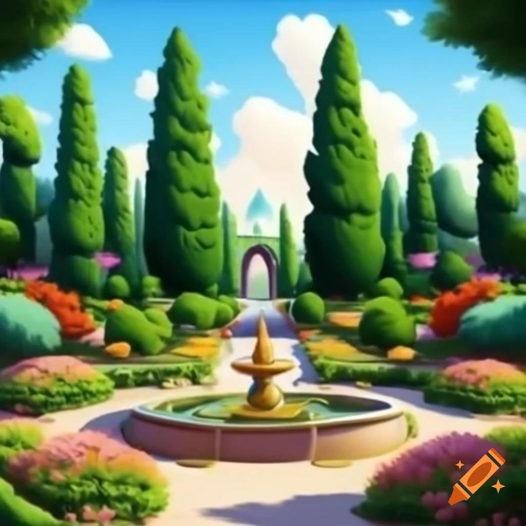 Persian garden with cypress trees and colorful flowers in an oil painting style