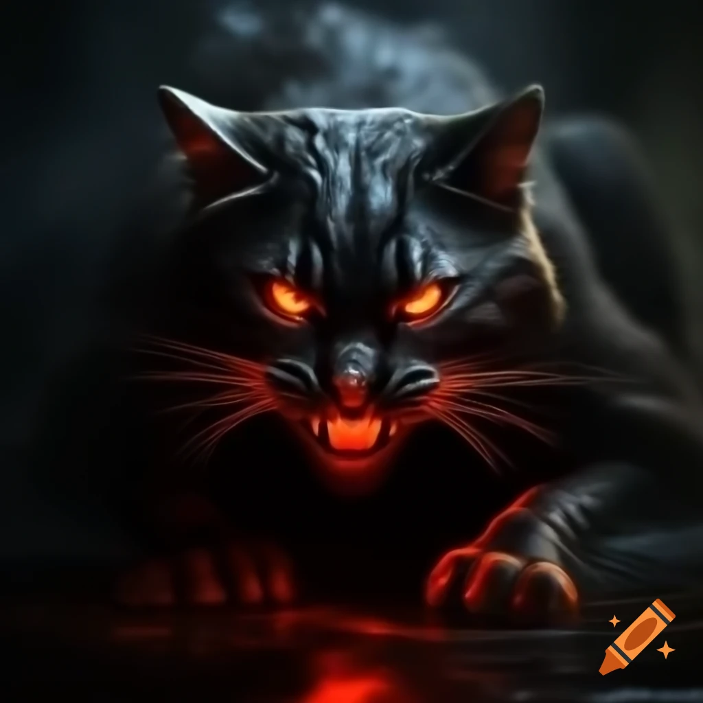 Sinister shadowy feline figure with incandescent red fur crawling into view