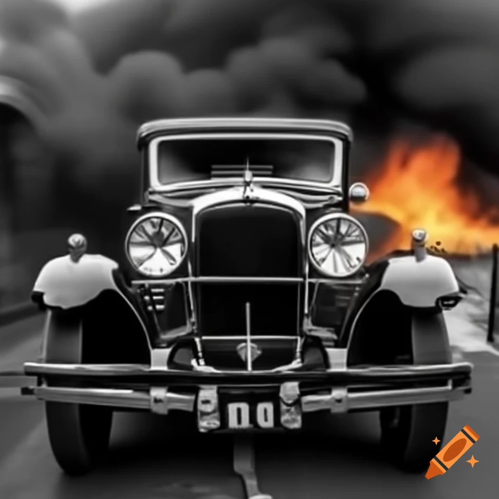 Black and white photo of a 1928 Plymouth car on fire with Japanese letters