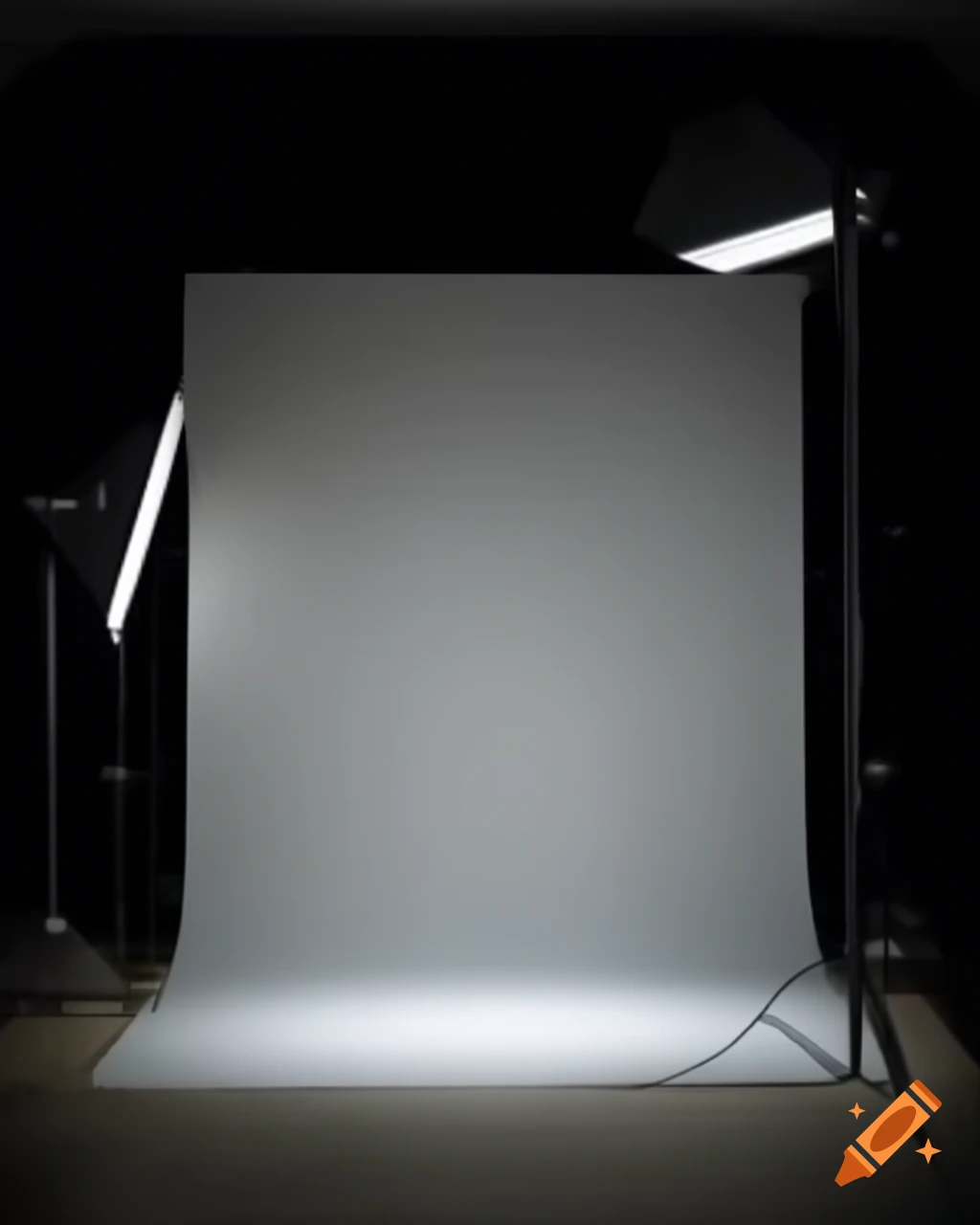 Photoshoot setup featuring blank backdrop and two lights