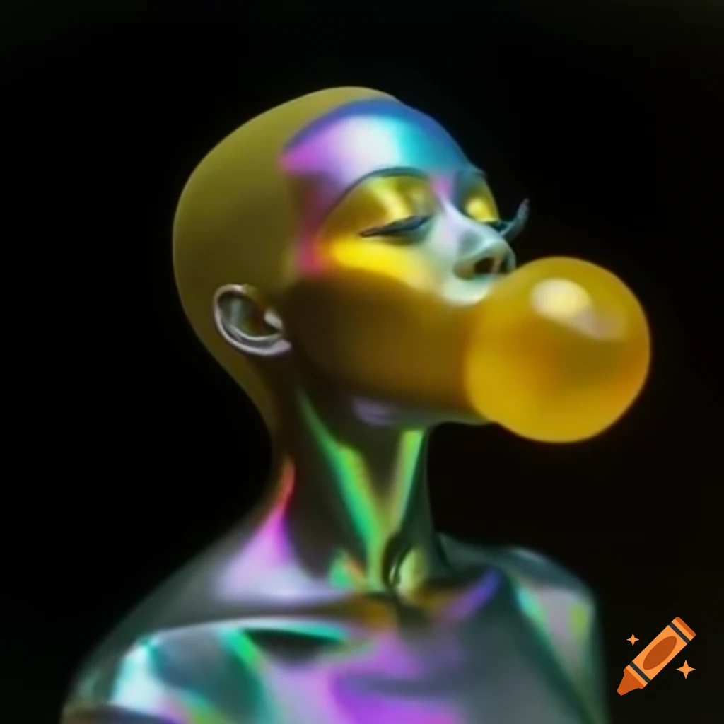 Iridescent yellow glass statue in pop surreal 2000's photography style