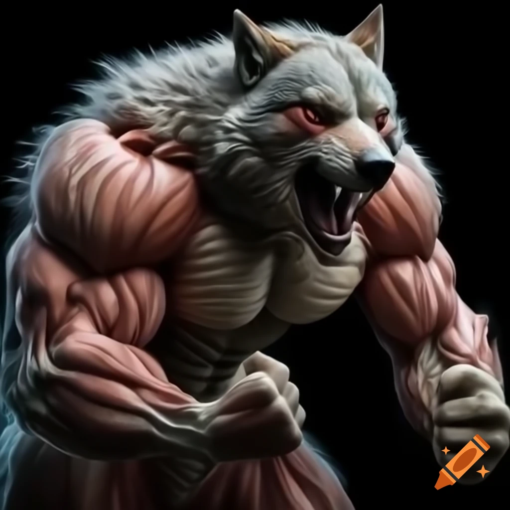 Half human half wolf creature flexing muscles and roaring, towering over buildings