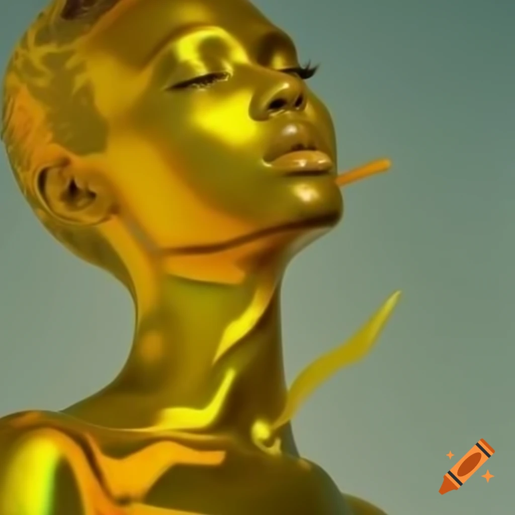 Iridescent yellow glass statue in pop surreal 2000's photography style