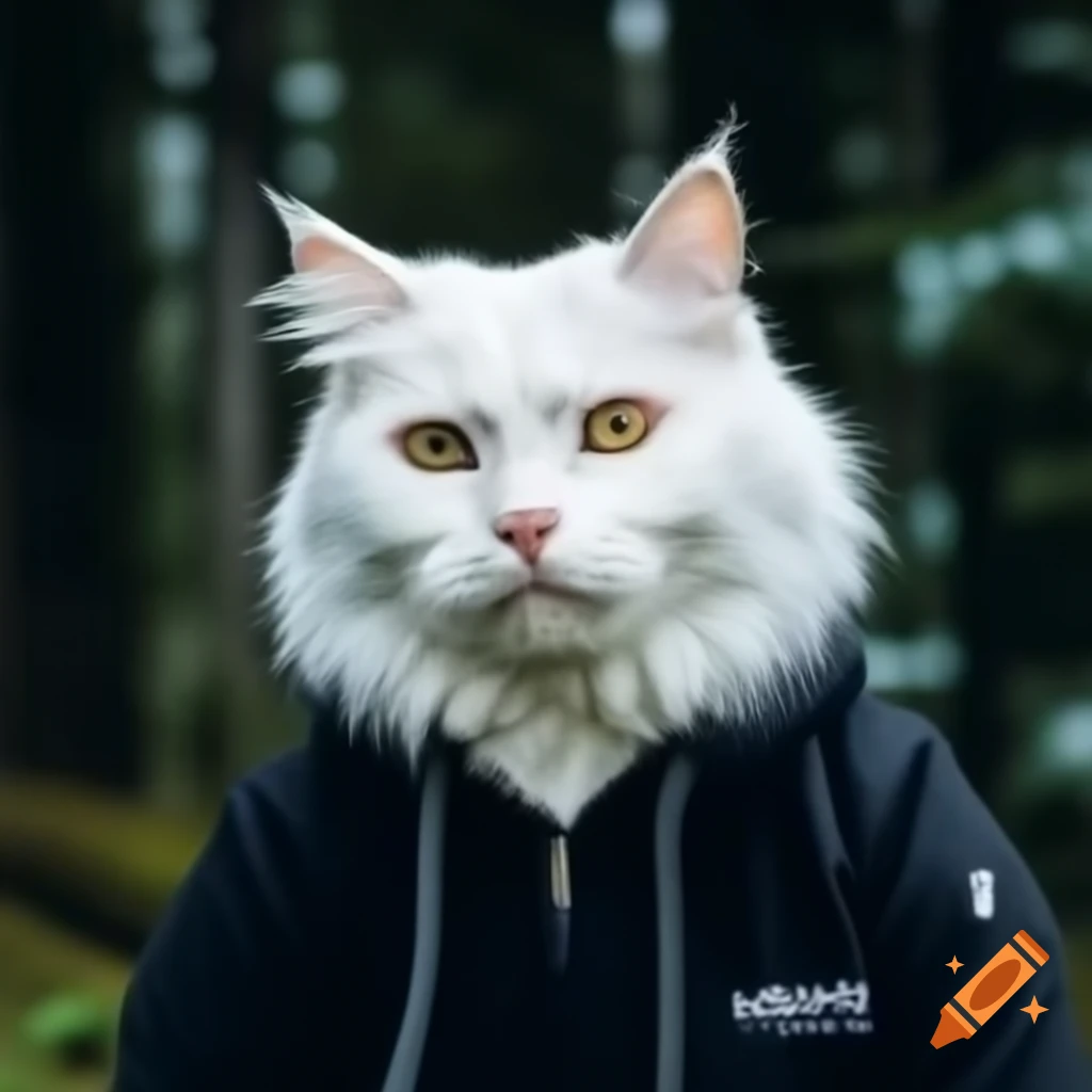 White Norwegian Forest cat in a black hoodie