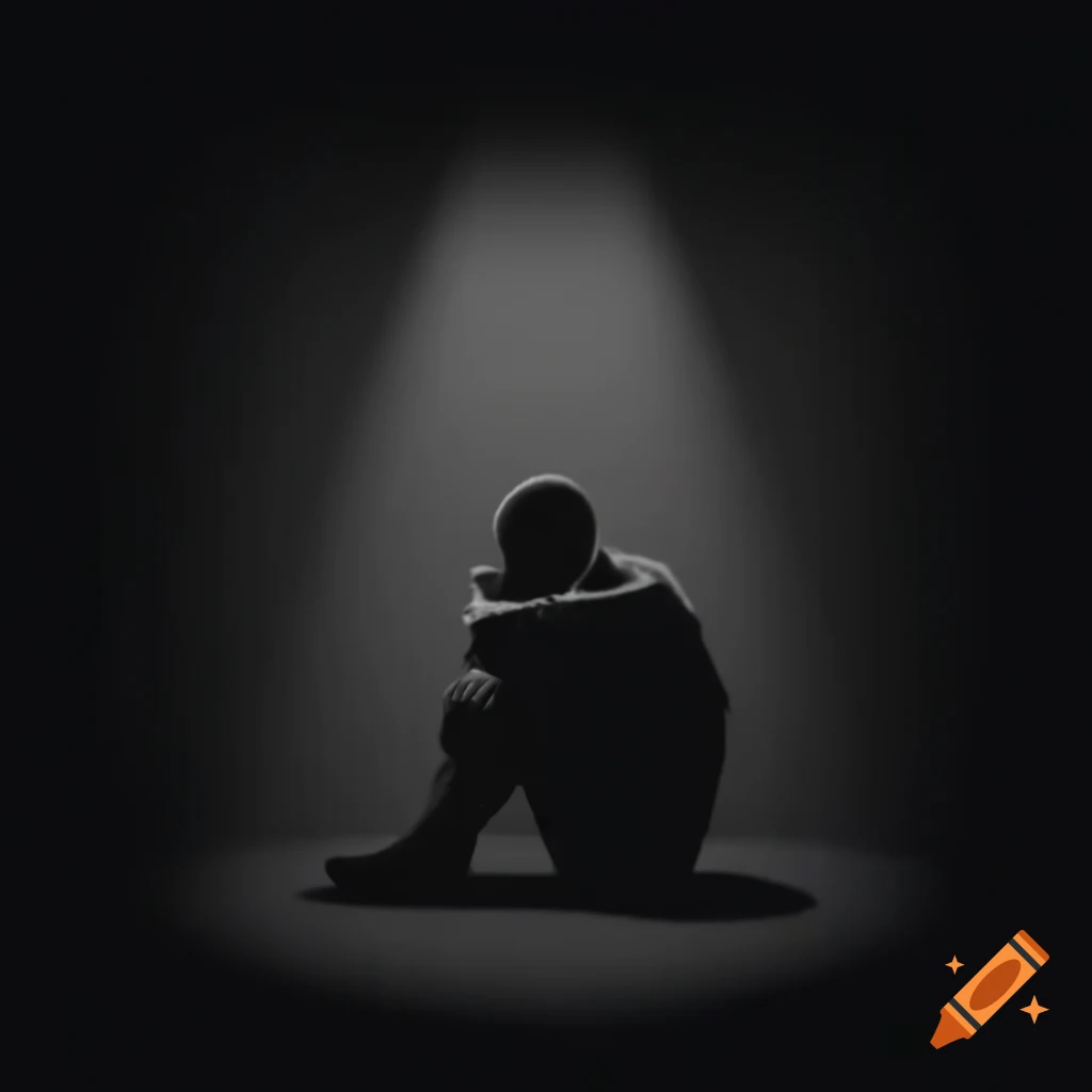 Realistic artwork of a sad man in an empty dark room