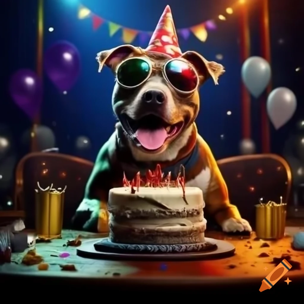 Smiling Pit Bull dog on a music tour stage with party hat and sunglasses