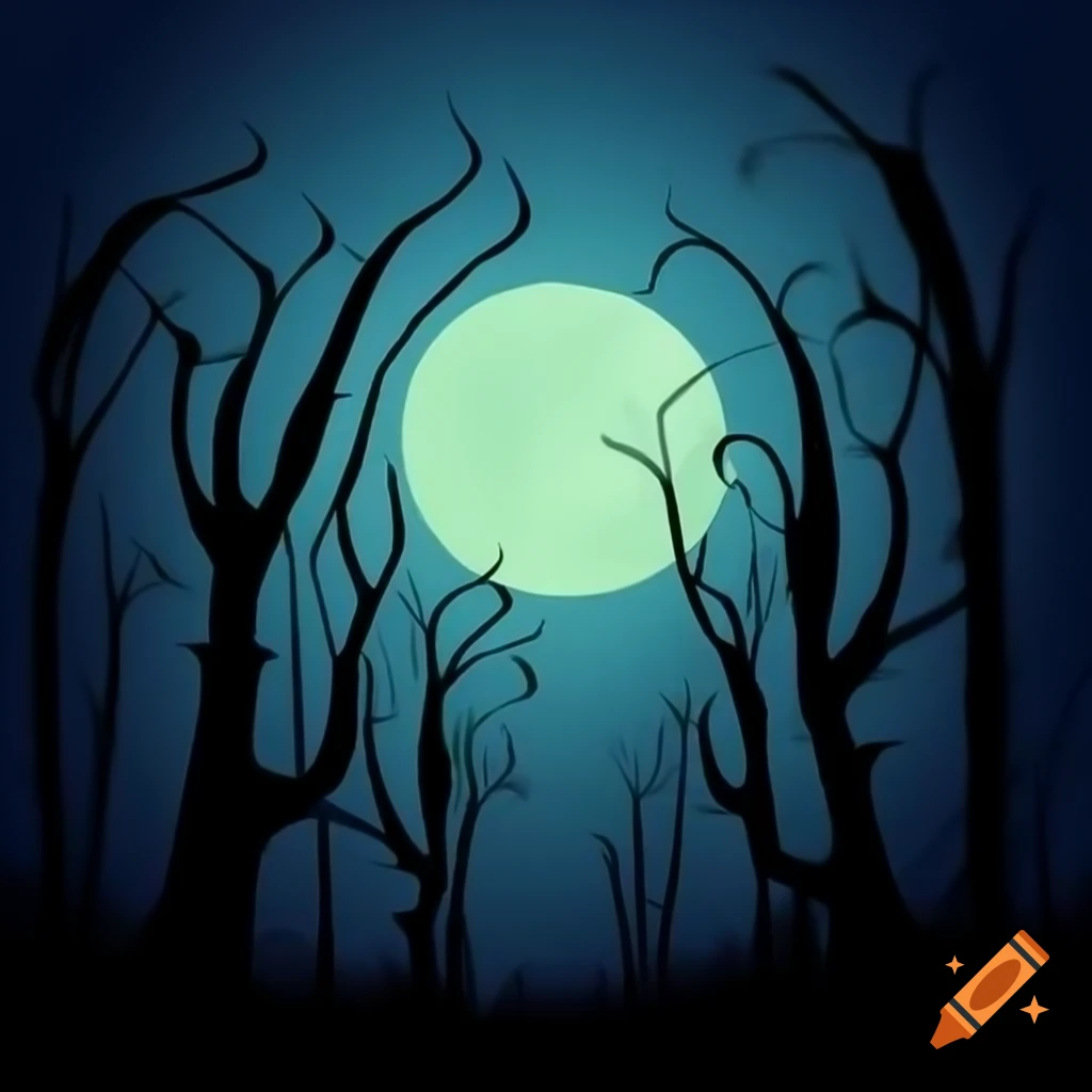 Ethereal forest with dead trees illuminated by moonlight