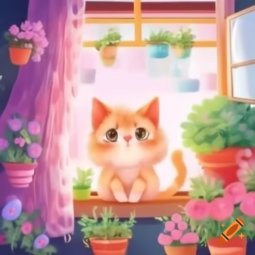 Fluffy cat sitting on windowsill surrounded by blooming plants and lace curtain in pastel colors