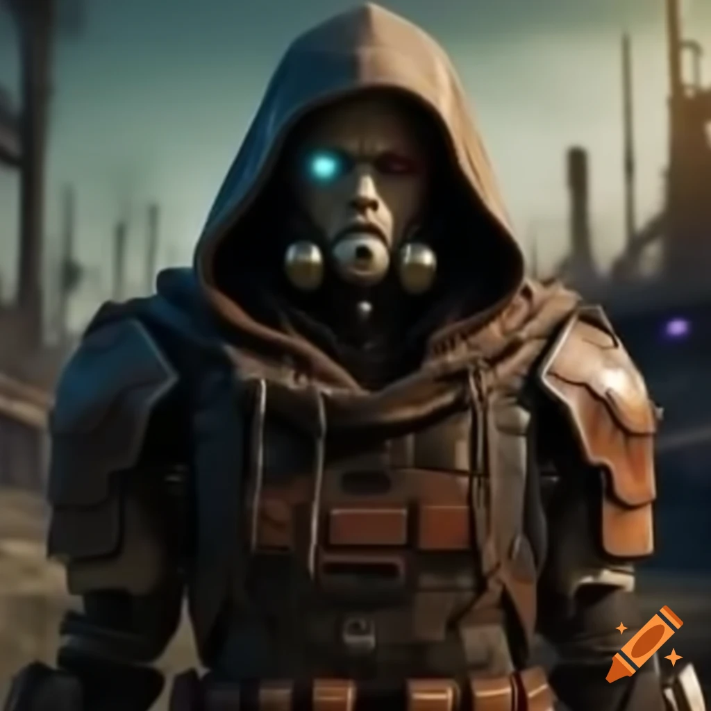 Robot in leather armor and oversized hood in post apocalyptic cyberpunk setting