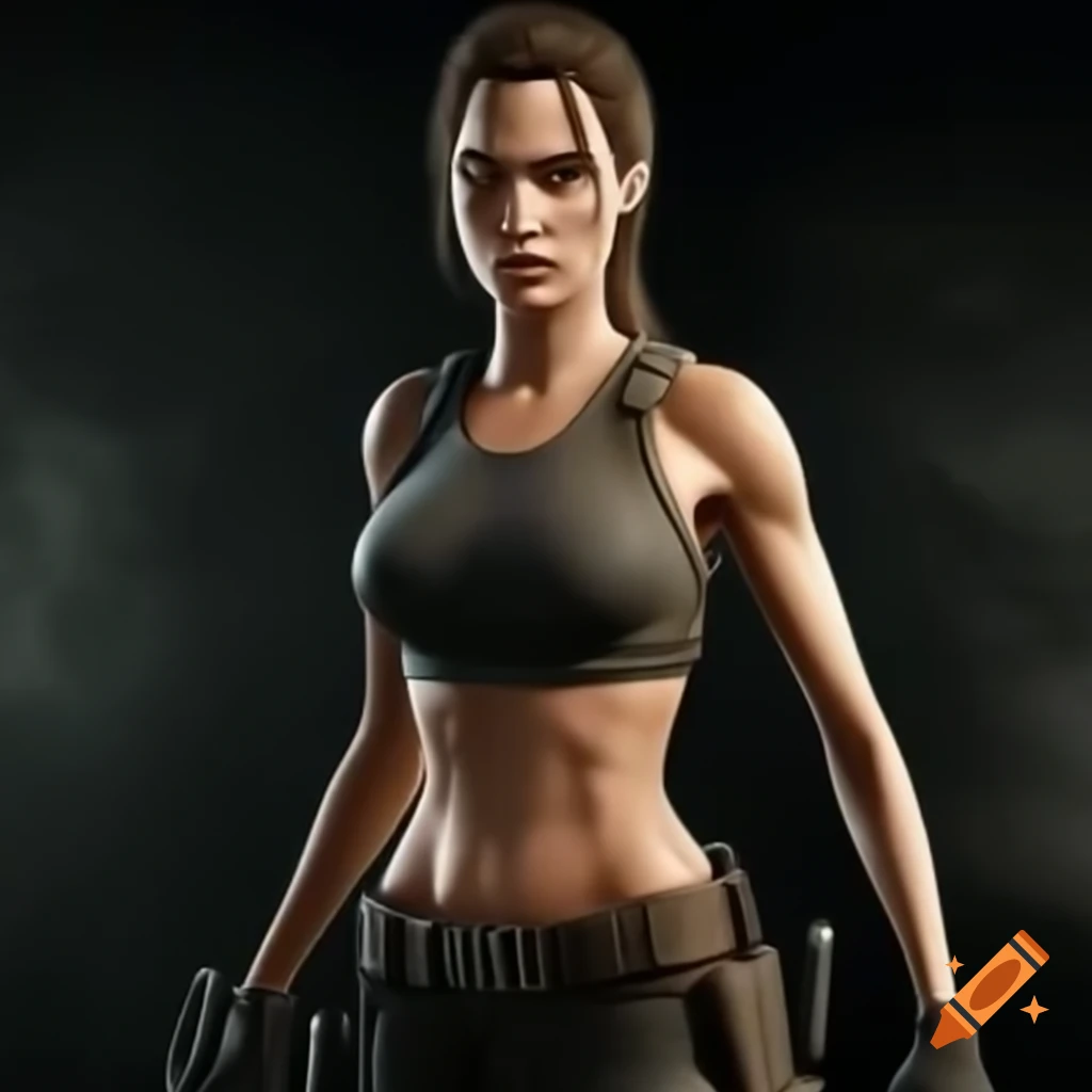 Stunning portrait of Angelina Jolie as Lara Croft, highlighting athletic physique
