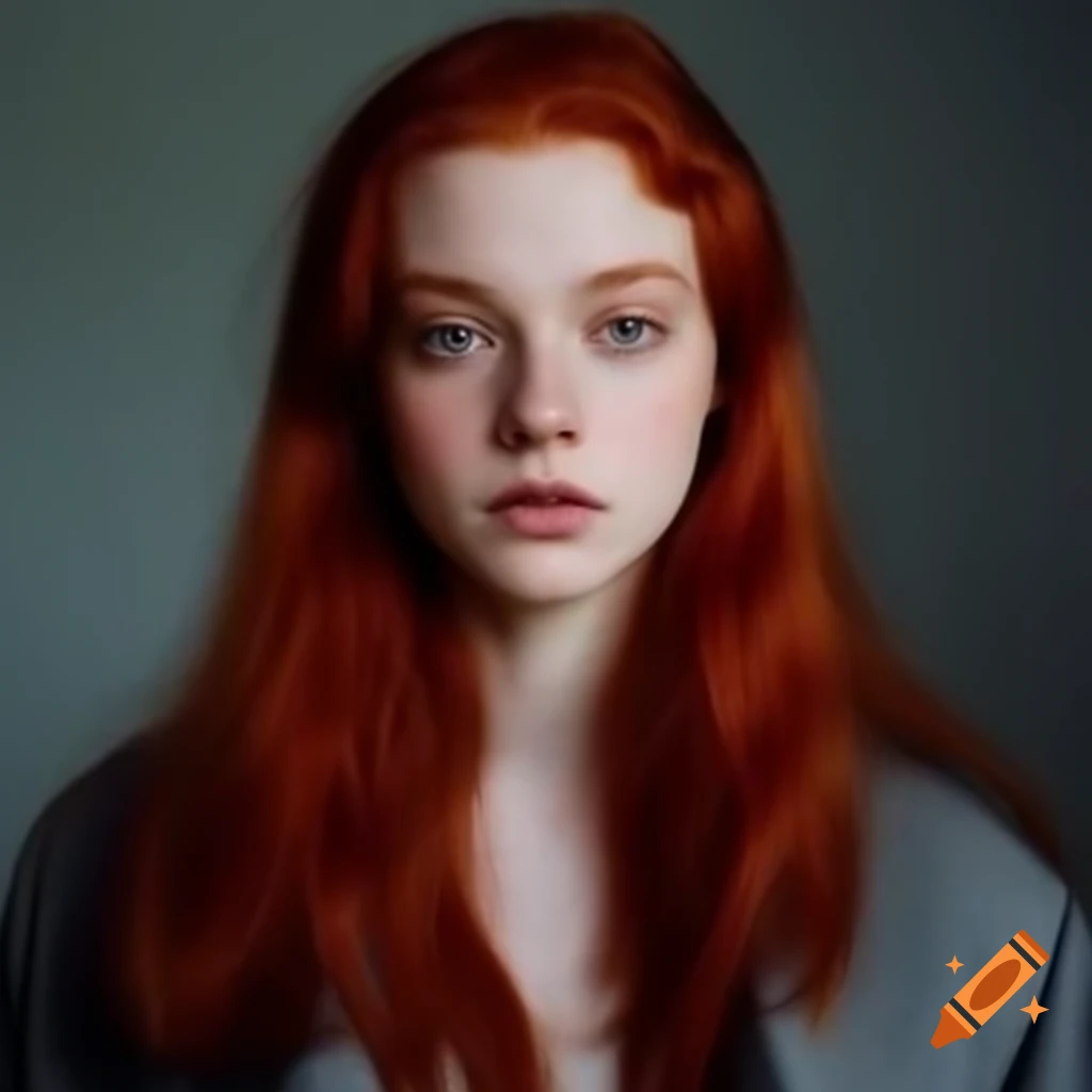 Skinny tall young woman with long red hair in grey official jacket