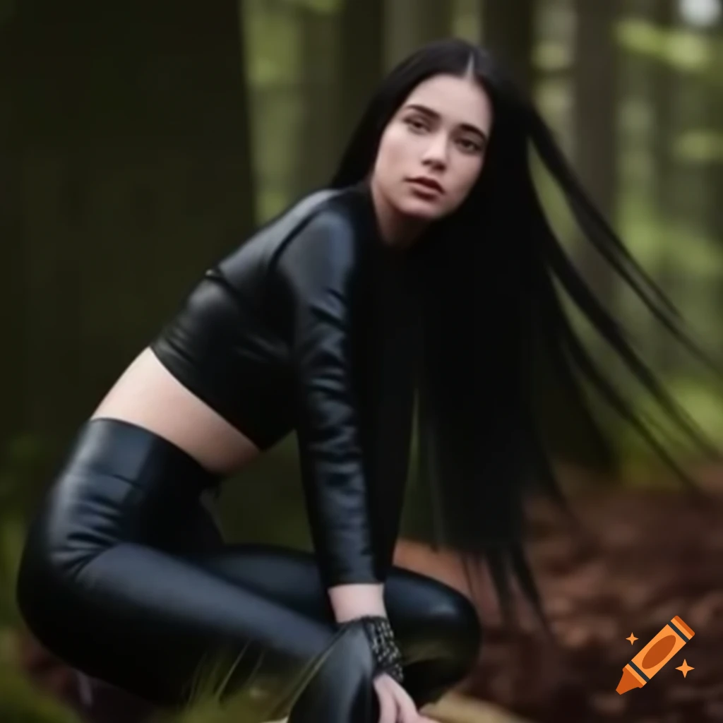 Young woman with black hair in leather leggings sitting in the woods
