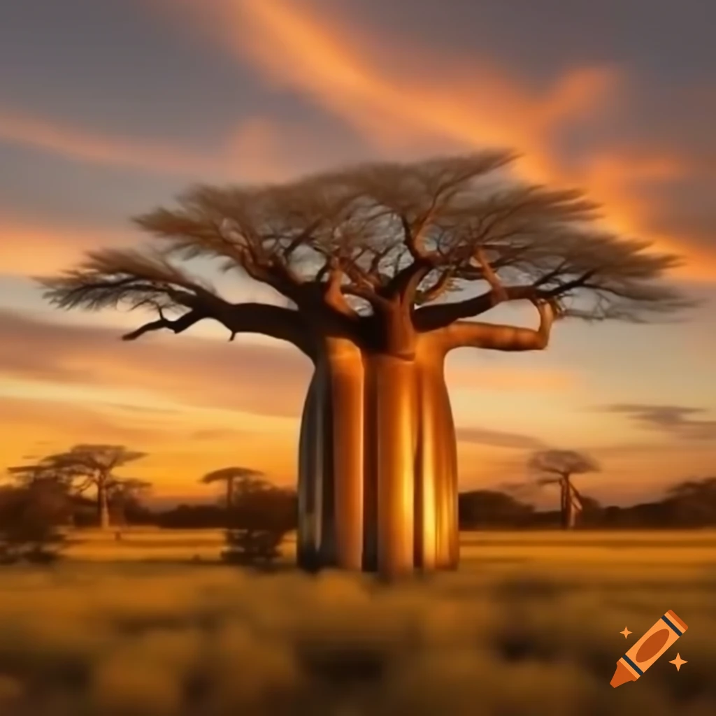 Golden Kenyan savannah at sunset with ancient baobab tree