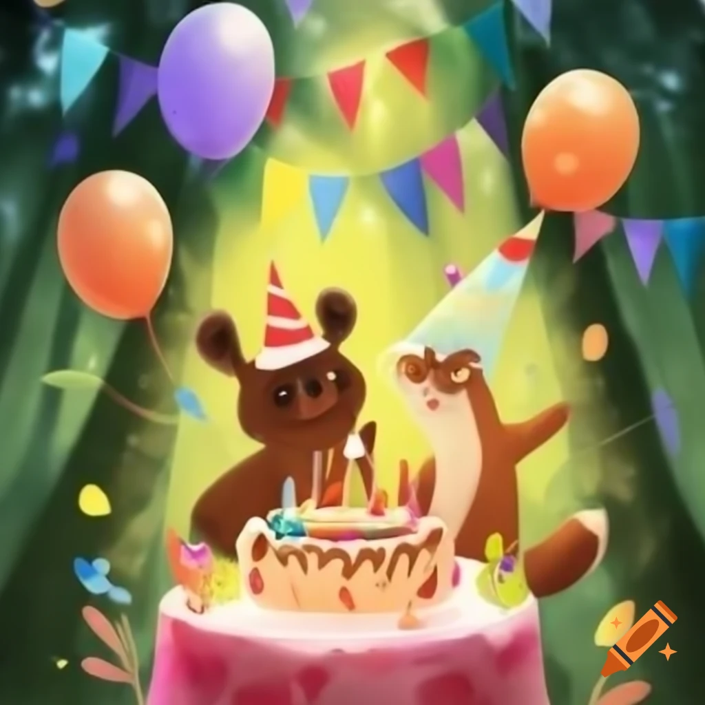 Woodland animals celebrating around a birthday cake with balloons and streamers