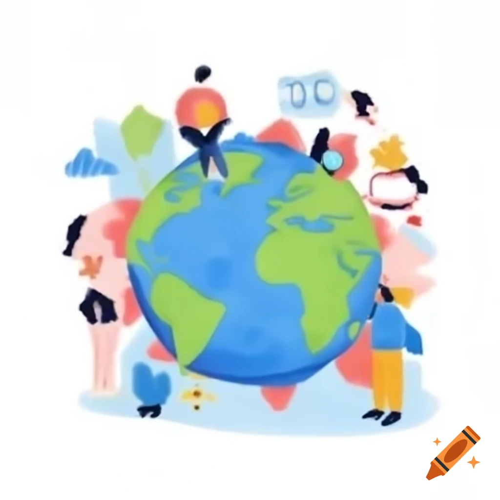 Drawing illustrating intercultural competence with Earth surrounded by symbols
